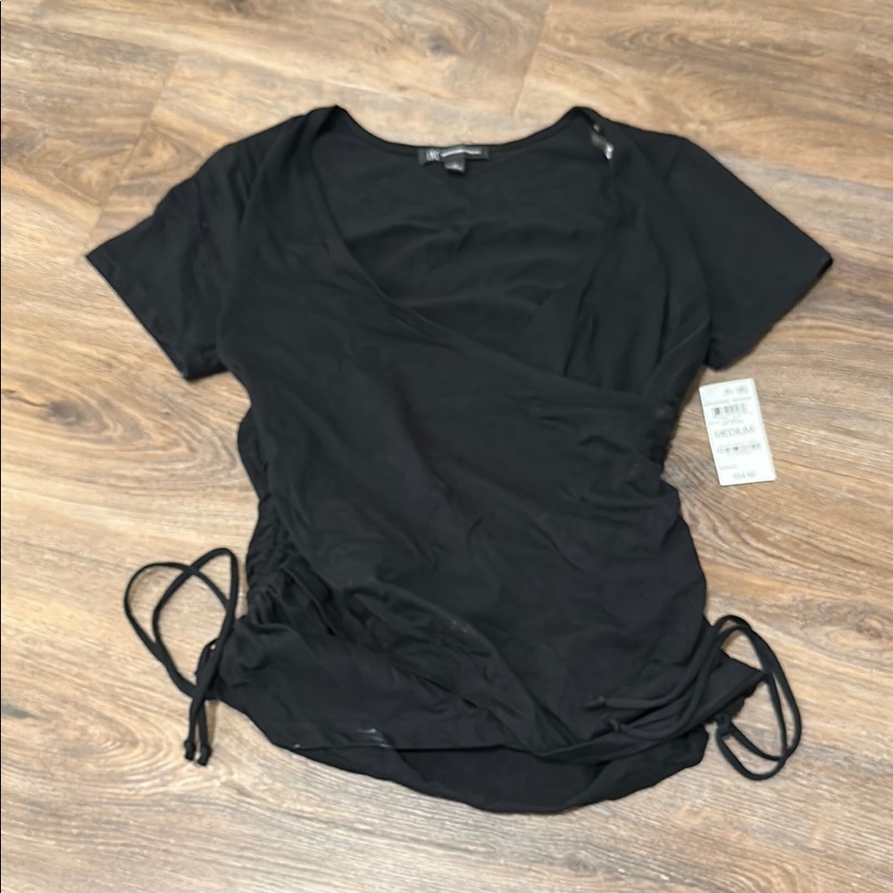 INC International Concepts Black T-Shirt with Ruched Sides and Tie Front